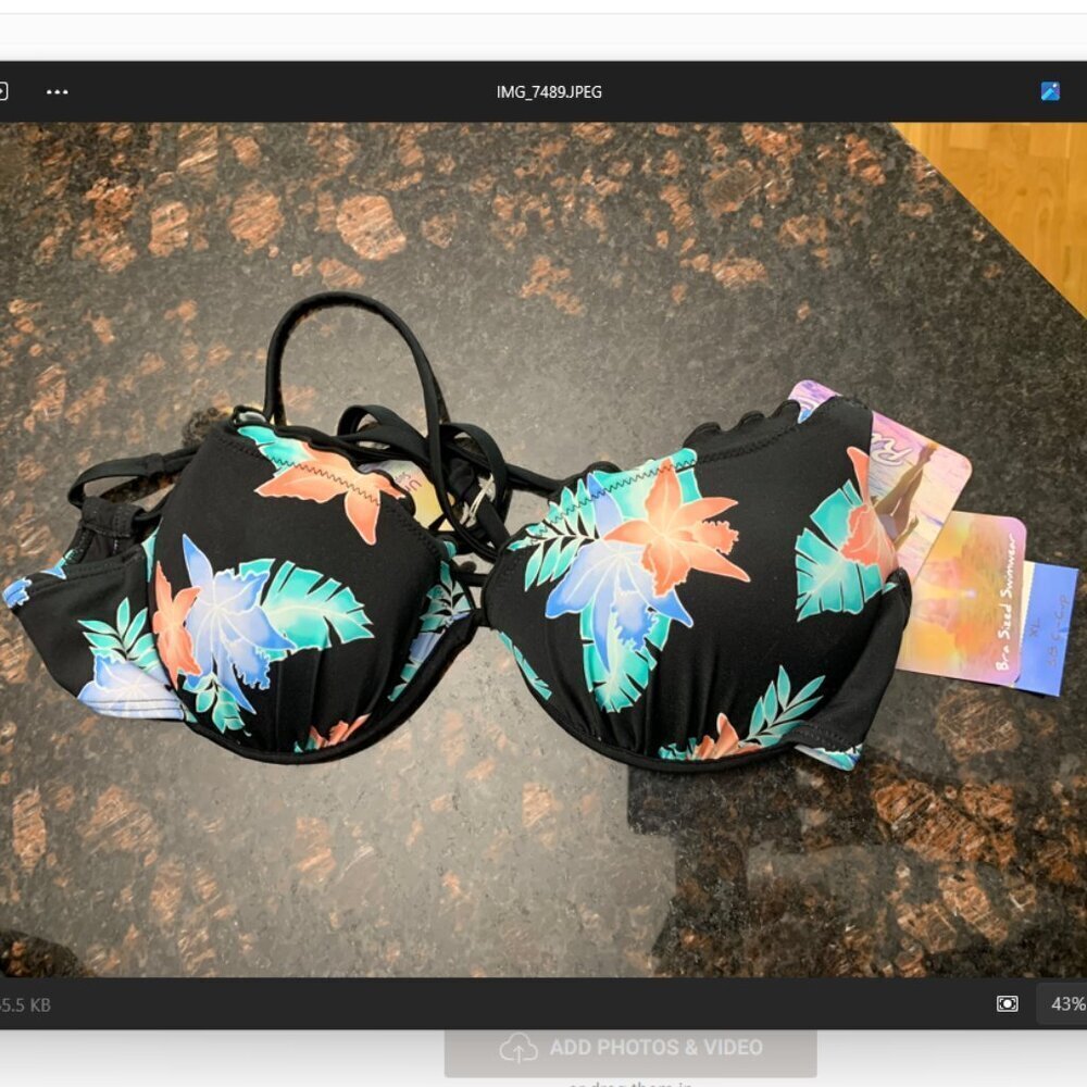 NWT - Black & Floral Bikini Top - 38C (XL)